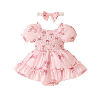 Summer baby girl pink short-sleeved triangle romper dress with bow print square collar