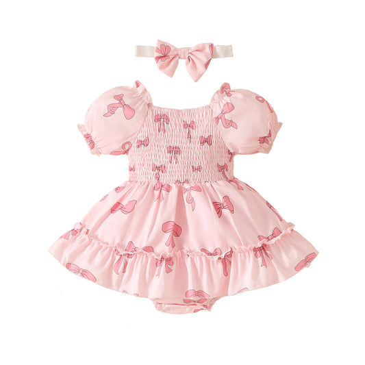 Summer baby girl pink short-sleeved triangle romper dress with bow print square collar