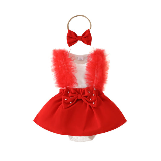 Sweet summer sleeveless mesh big bow triangle dress 0-1 year old baby beaded jumpsuit dress