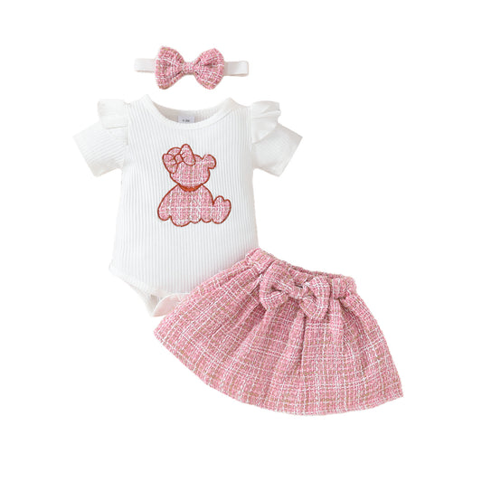 Baby short-sleeved skirt suit for girls with embroidered cute bear romper with gold silk skirt
