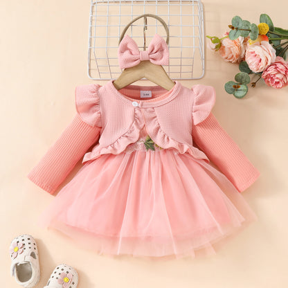 Toddler Girls Dress Set Sleeveless Ruffle Short Jacket + Long Sleeve Mesh Applique Dress