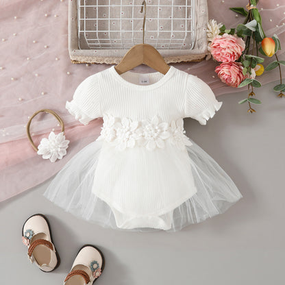 Sweet baby girl lantern short-sleeved ribbed triangle romper mesh skirt candy color girl flower dress