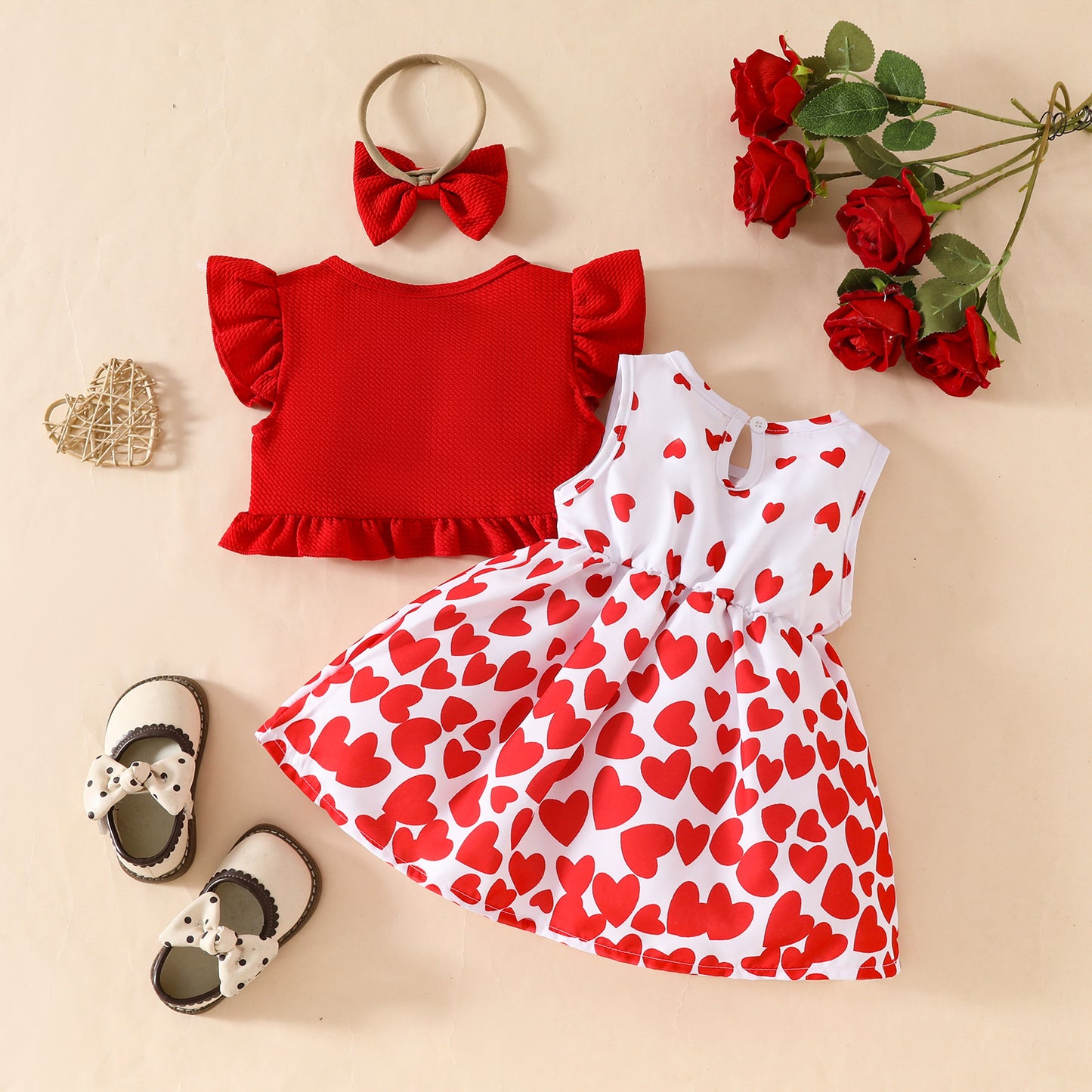 Baby Girl Sleeveless Ruffle Short Jacket Sleeveless Heart Dress Hairband Summer One-piece Dress Set