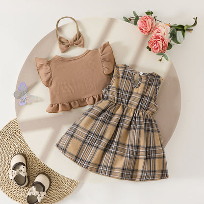 Summer baby dress suit sleeveless ruffled short coat top plaid bow dress