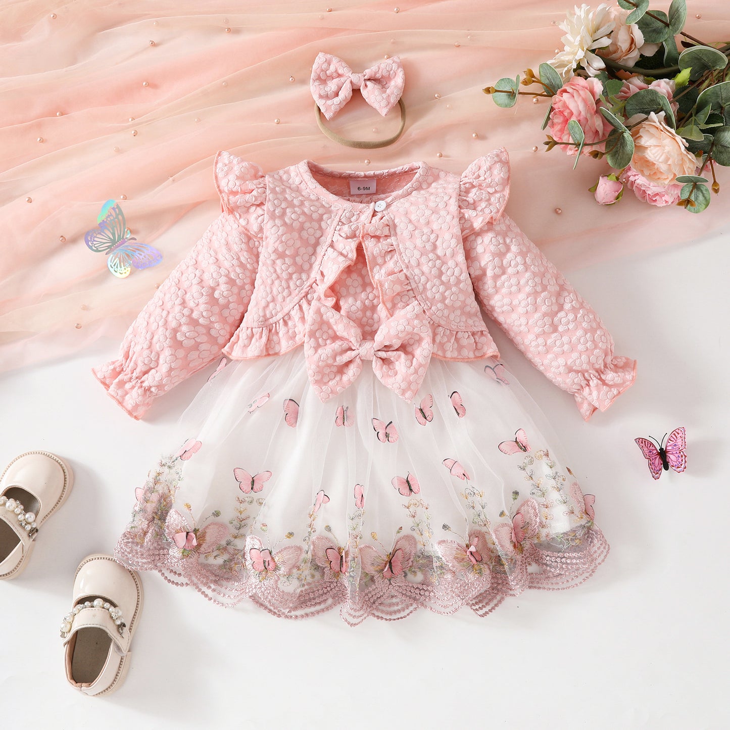 Sweet Girls Long Sleeve Short Jacket Sleeveless Butterfly Shape Lace Mesh Dress Autumn and Winter Dress Set