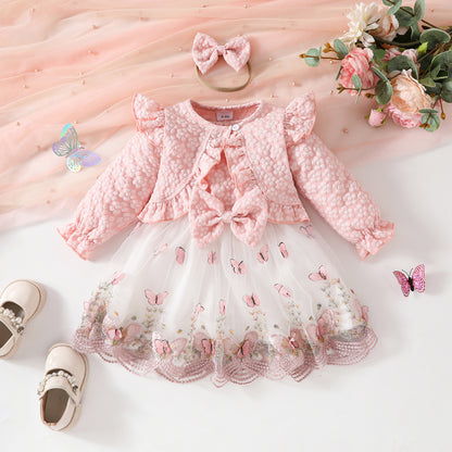 Sweet Girls Long Sleeve Short Jacket Sleeveless Butterfly Shape Lace Mesh Dress Autumn and Winter Dress Set