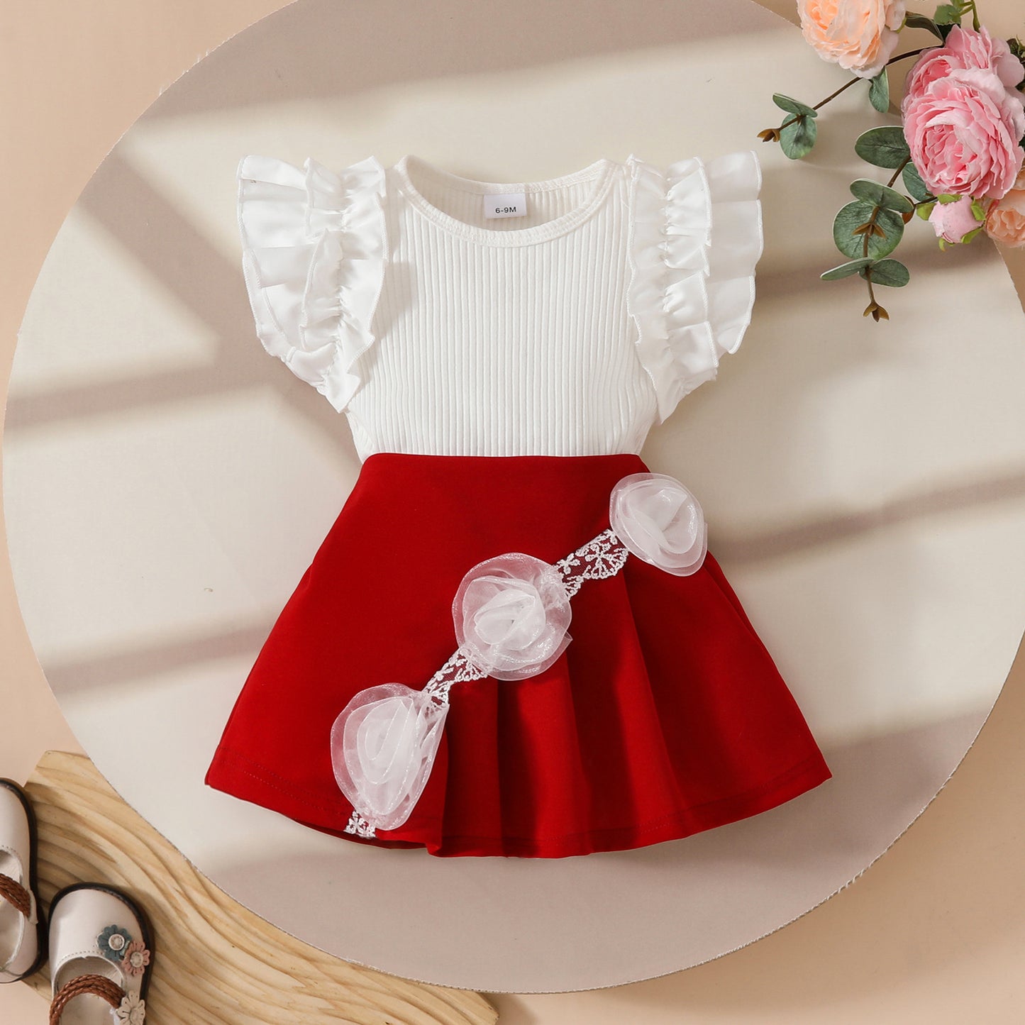 Girls Sweetheart Lace Flower Sweet Sleeveless Ribbed Top Simple A-Line Pleated Skirt Set