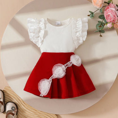 Girls Sweetheart Lace Flower Sweet Sleeveless Ribbed Top Simple A-Line Pleated Skirt Set