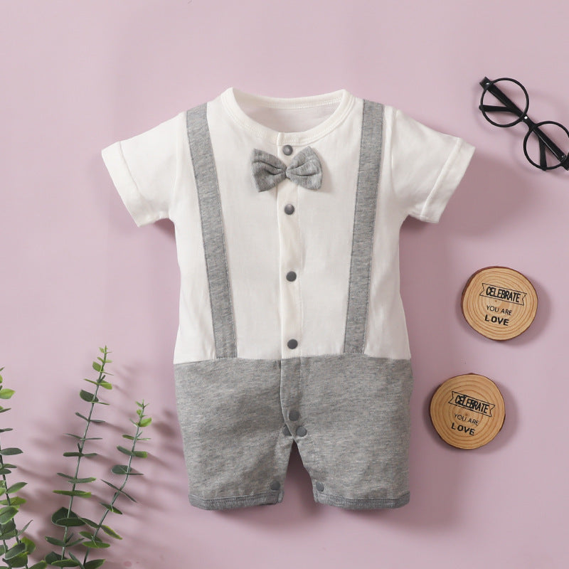 Infant Boys Bow Tie Lapel Splicing Romper Short Sleeve One-Piece Suit