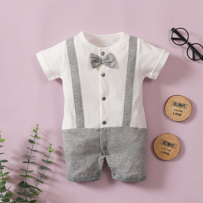 Infant Boys Bow Tie Lapel Splicing Romper Short Sleeve One-Piece Suit