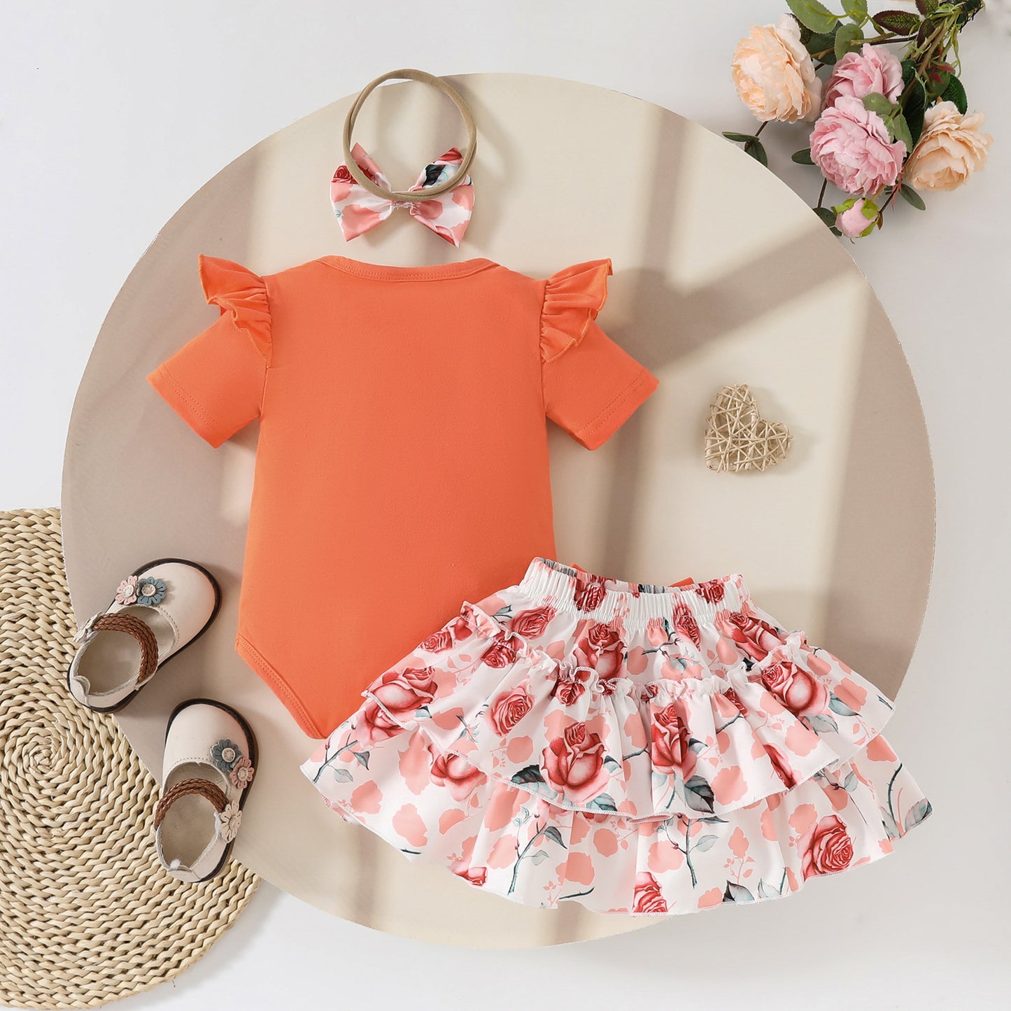 Summer baby girl button ruffled edge short-sleeved romper with flower bow half-length cake skirt suit