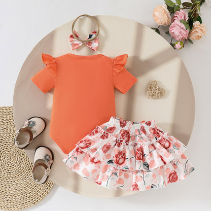 Summer baby girl button ruffled edge short-sleeved romper with flower bow half-length cake skirt suit