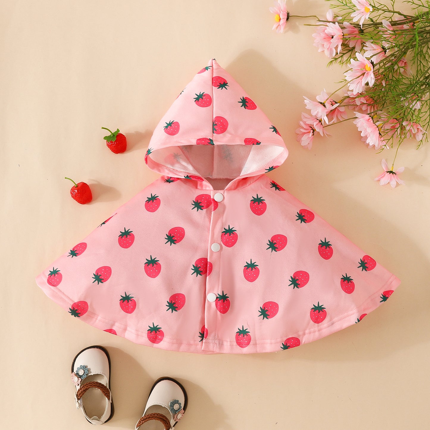 Infant strawberry print cape baby girl cute hooded cape autumn and winter butterfly coat going out shawl