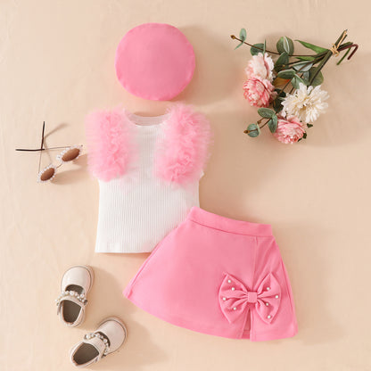 Summer toddler girl sleeveless mesh striped top + bow skirt + beret three-piece set