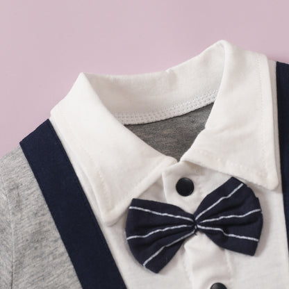 Infant Boys Bow Tie Lapel Splicing Romper Short Sleeve One-Piece Suit