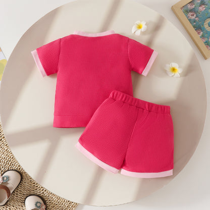 Toddler Girls Summer Waffle Towel Embroidered Flower Short Sleeve Top Pocket Decoration Shorts Two-piece Set