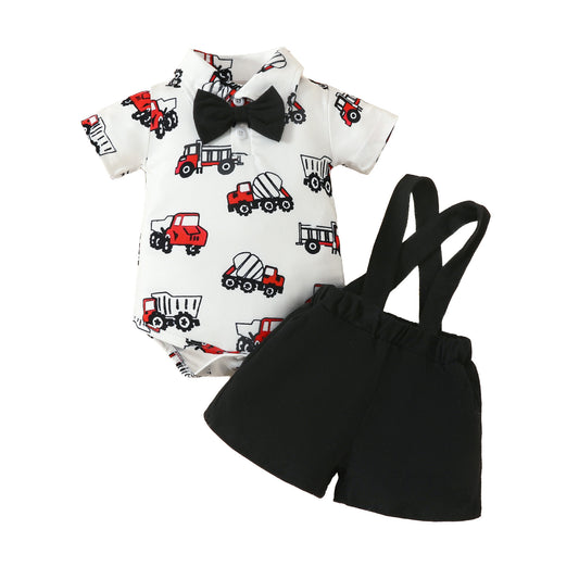 Fashion Short Sleeve Triangle Romper + Bib Shorts Set Baby Boy 0-1 Years Old Cartoon Animal Top Pants
