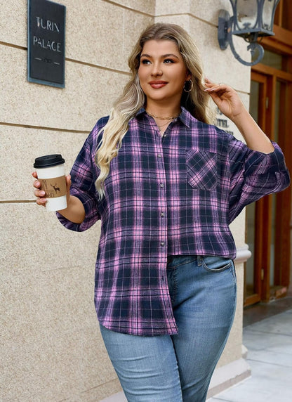 Plus Size Flannel Shirts - A-02 Pink Navy Blue Plaid