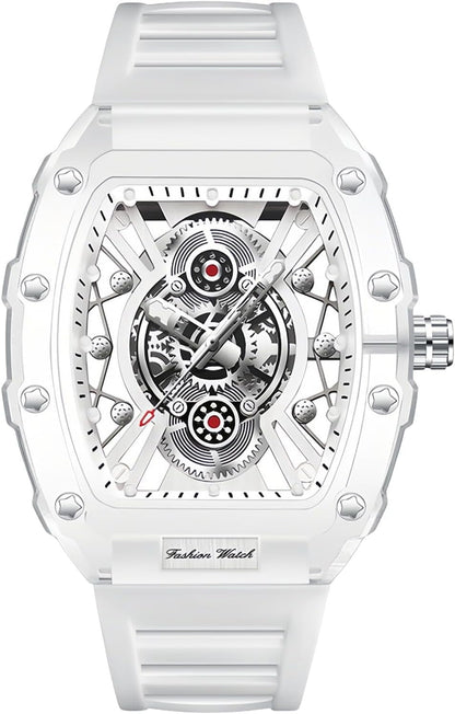 Fashion Hollowed Men Watches Tonneau Transparent Analog Display Silicone Strap Calendar Quartz Waterproof Trend Male Wrist Watch