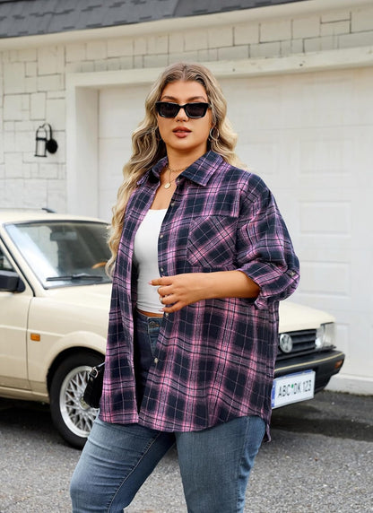 Plus Size Flannel Shirts - A-02 Pink Navy Blue Plaid