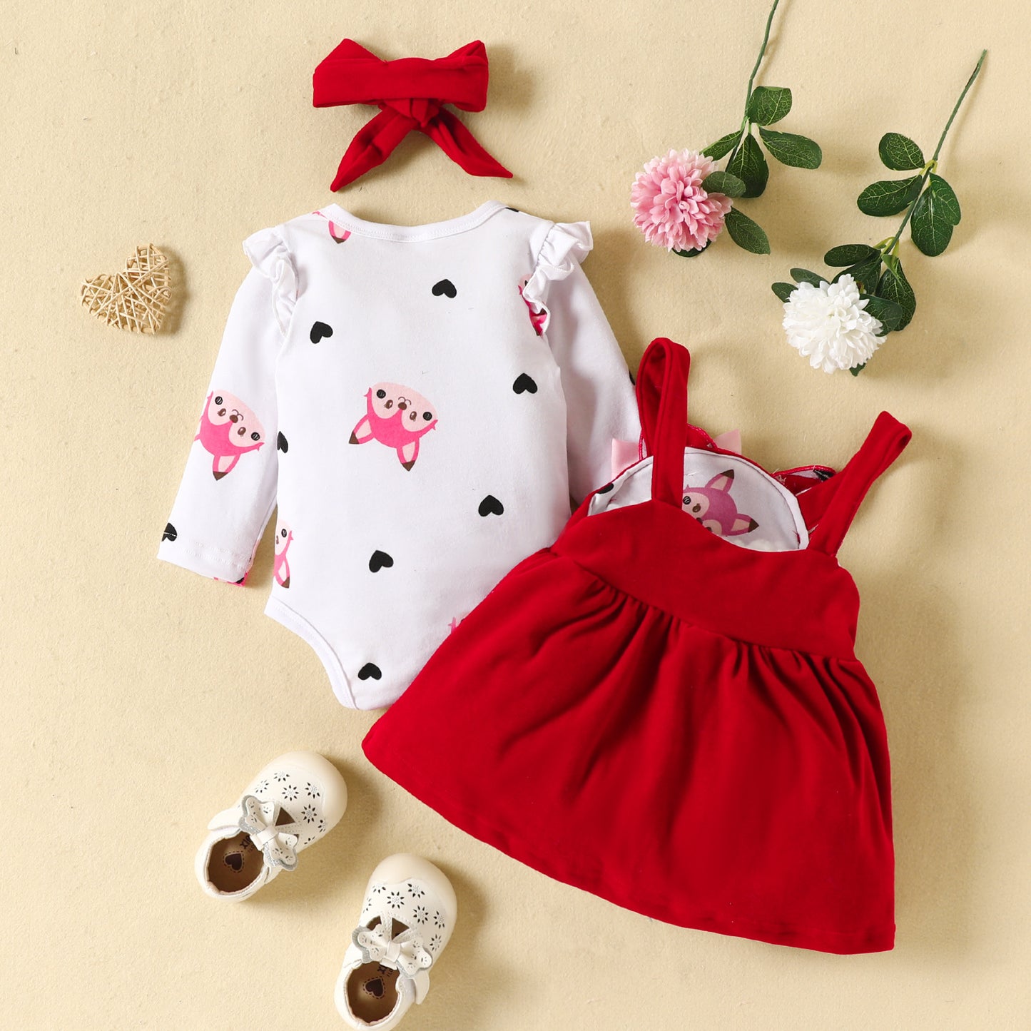 Autumn and winter infant and toddler cartoon fox heart print long-sleeved romper bow tie suspender dress set