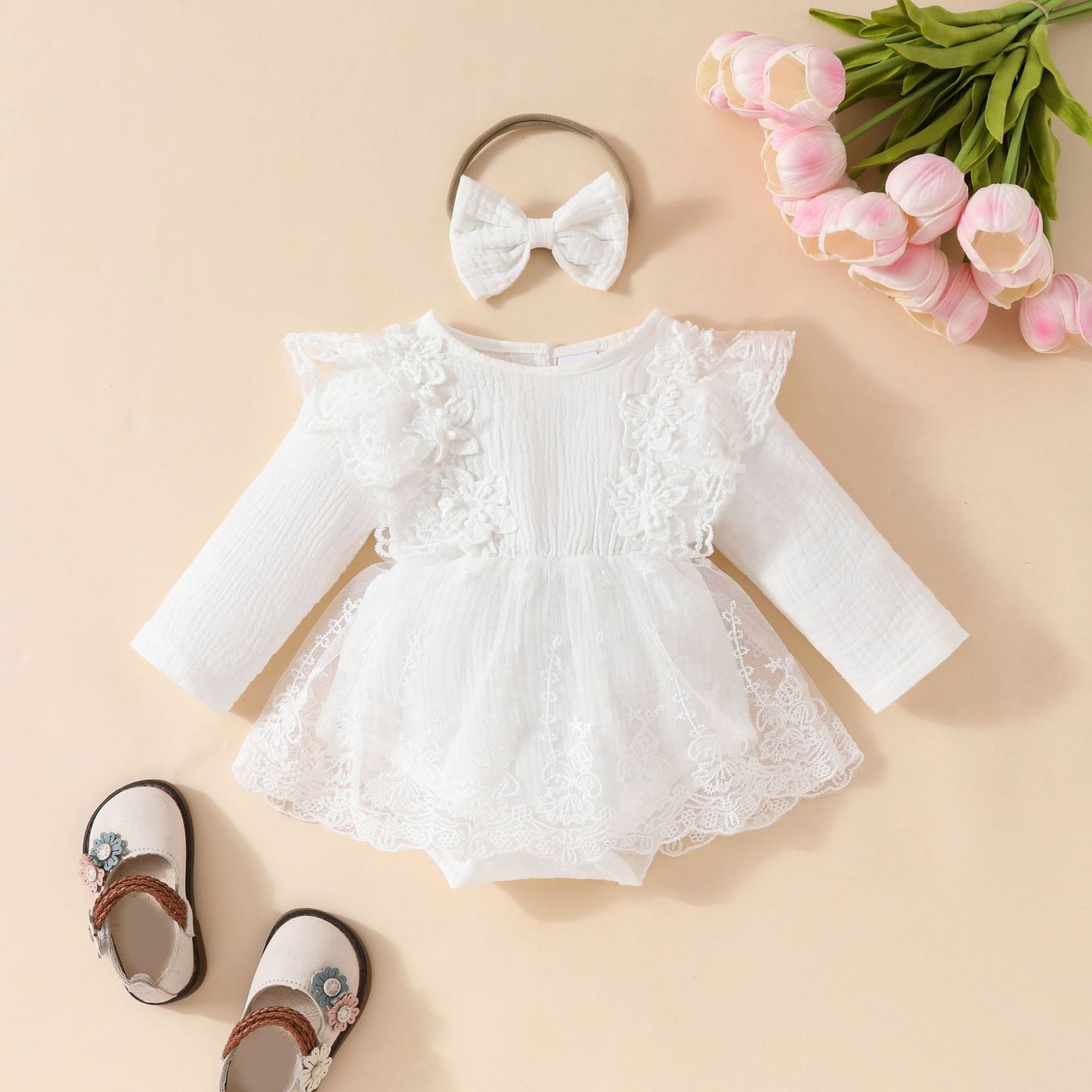 Baby Girl Sweet Sleeveless Lace Triangle Romper Mesh Skirt Newborn Lace Flower Cover-up Dress