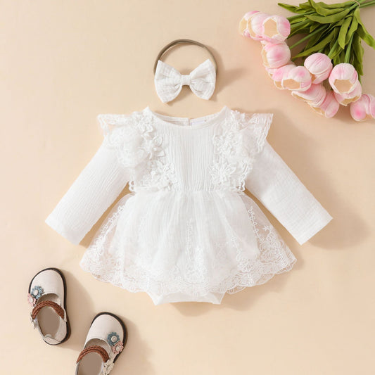 Baby Girl Sweet Sleeveless Lace Triangle Romper Mesh Skirt Newborn Lace Flower Cover-up Dress