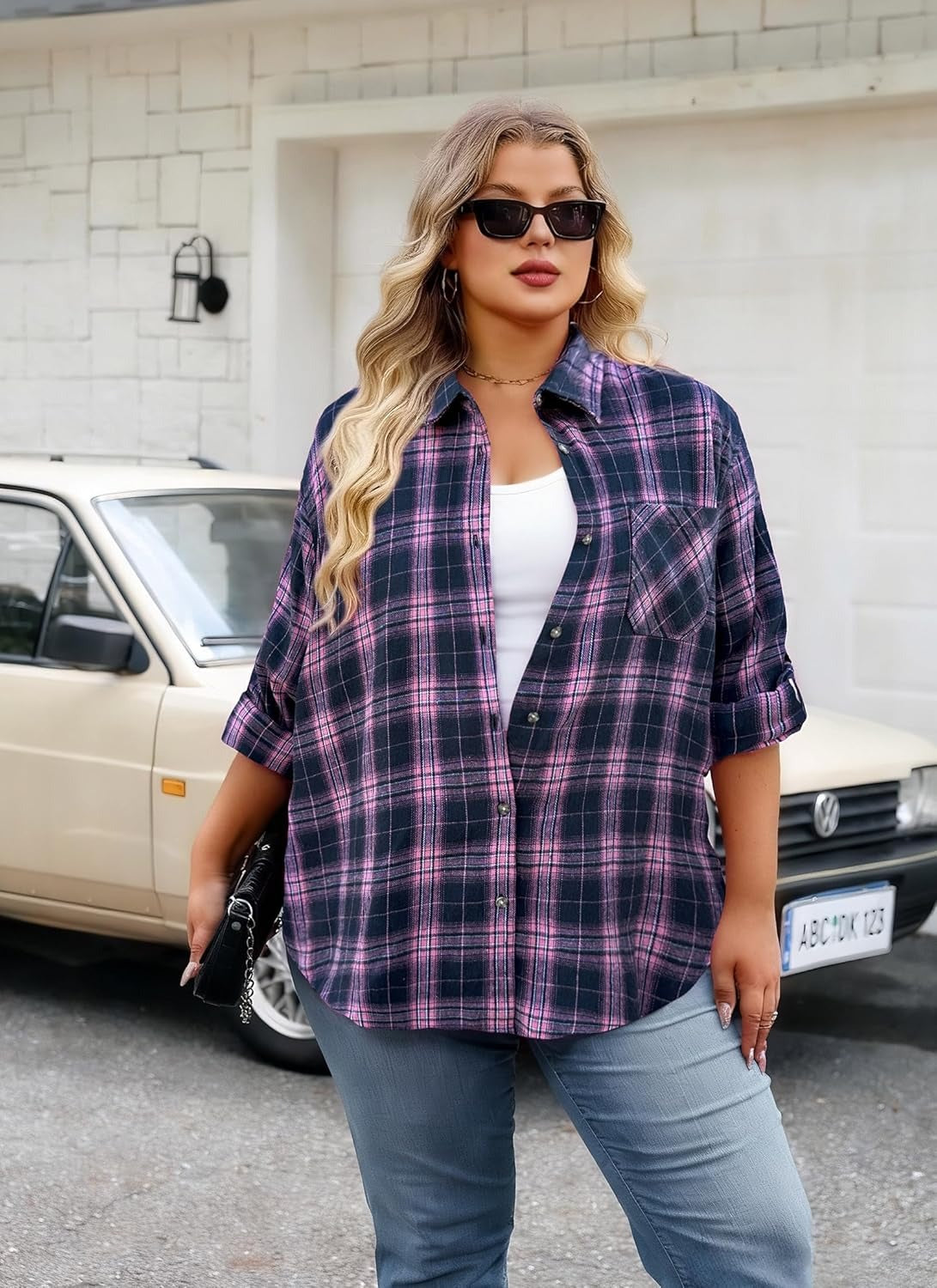 Plus Size Flannel Shirts - A-02 Pink Navy Blue Plaid