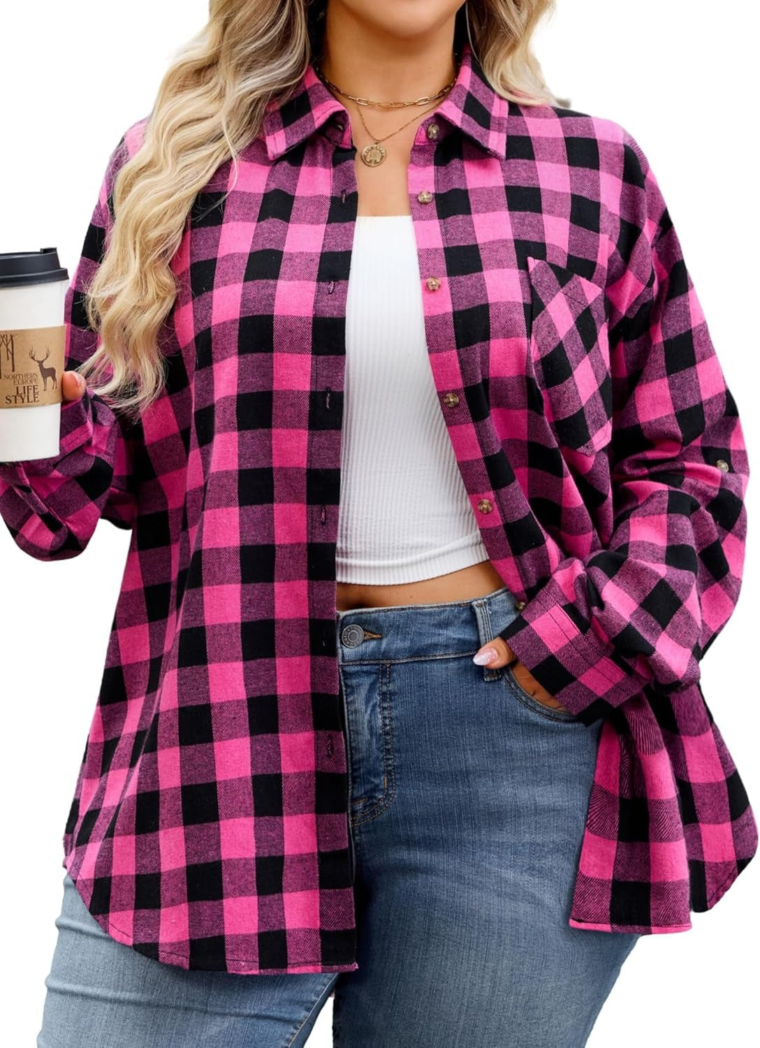 Plus Size Flannel Shirts - A-03 Hot Pink Flannel Plaid