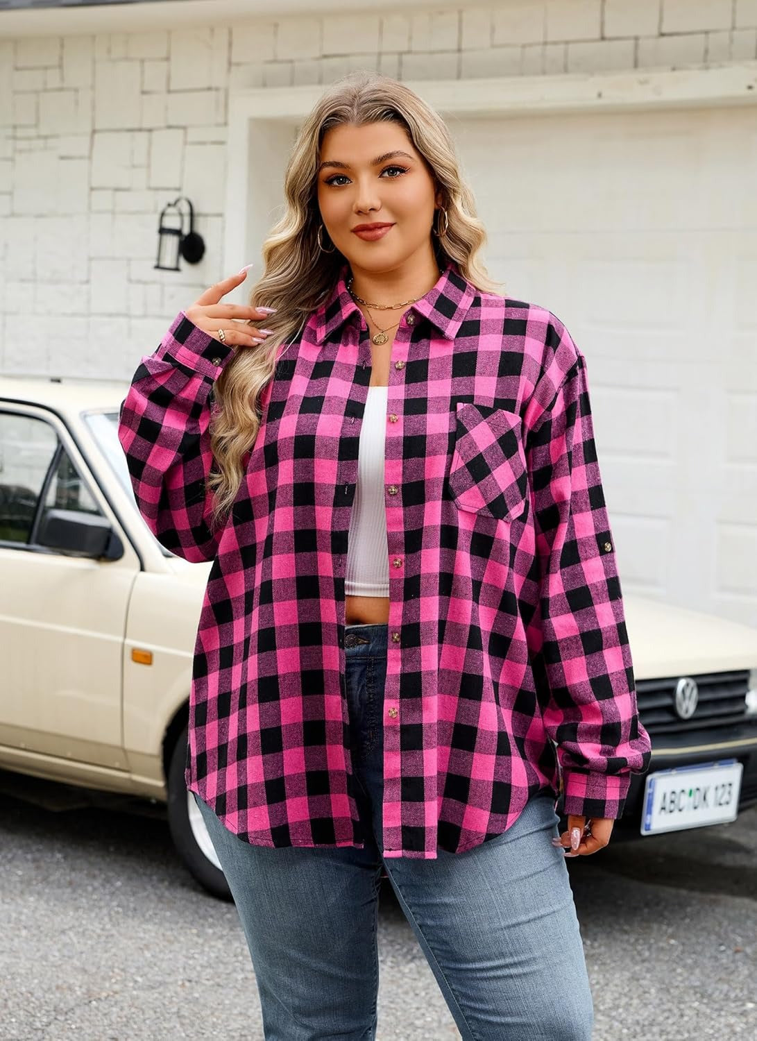 Plus Size Flannel Shirts - A-03 Hot Pink Flannel Plaid