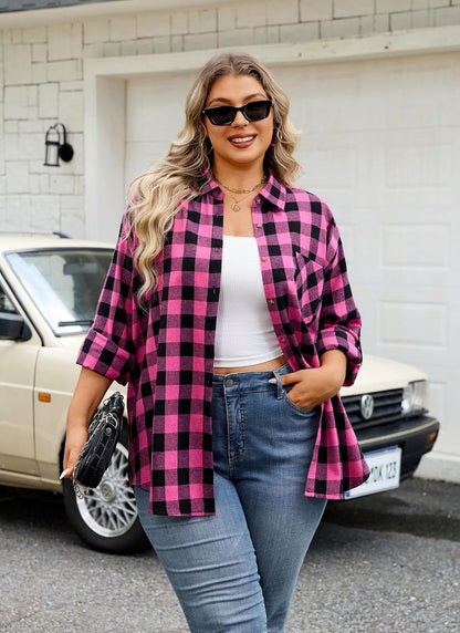 Plus Size Flannel Shirts - A-03 Hot Pink Flannel Plaid