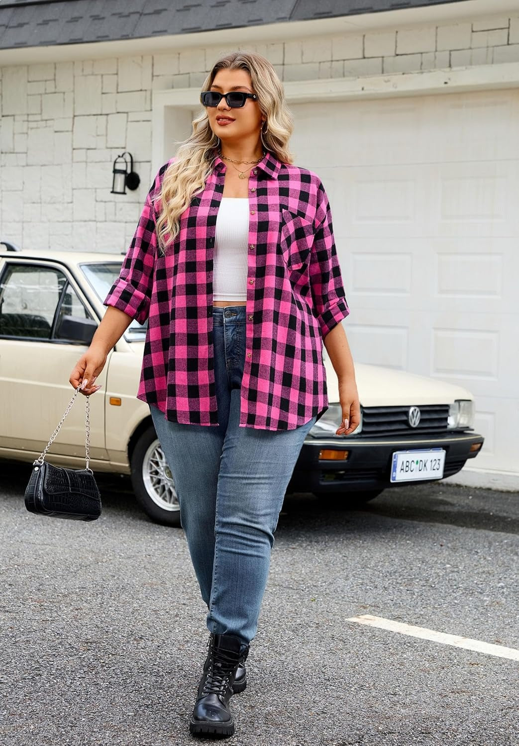 Plus Size Flannel Shirts - A-03 Hot Pink Flannel Plaid