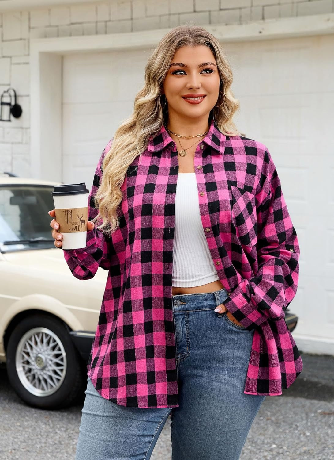 Plus Size Flannel Shirts - A-03 Hot Pink Flannel Plaid