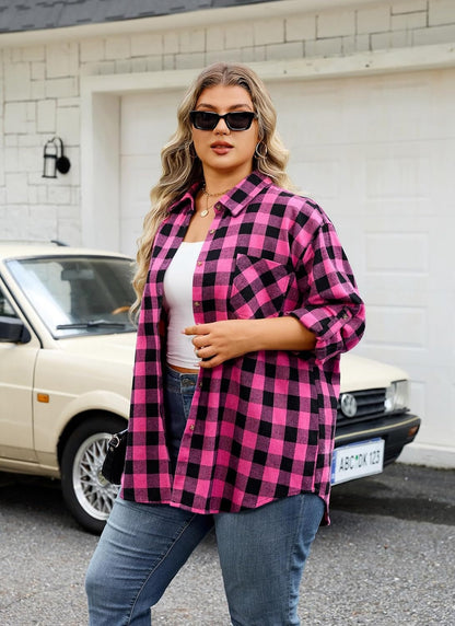 Plus Size Flannel Shirts - A-03 Hot Pink Flannel Plaid