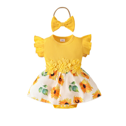 Baby Girl Summer Sleeveless Pit Stripe Applique Floral Print Romper Dress Baby Casual Dress