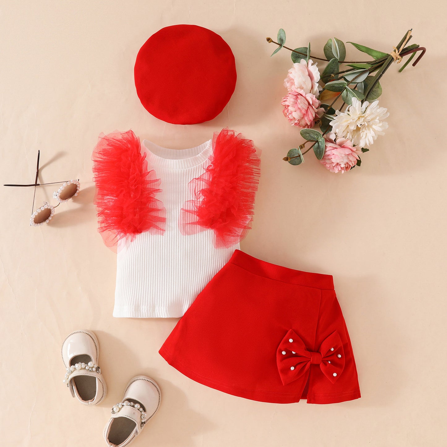 Summer toddler girl sleeveless mesh striped top + bow skirt + beret three-piece set