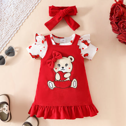 Summer sweet girl bow print short-sleeved triangle romper corduroy bear cub suspender skirt three-piece set