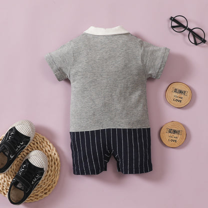 Infant Boys Bow Tie Lapel Splicing Romper Short Sleeve One-Piece Suit