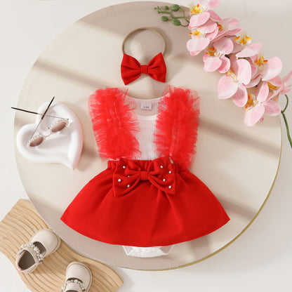 Sweet summer sleeveless mesh big bow triangle dress 0-1 year old baby beaded jumpsuit dress