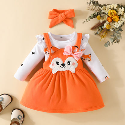 Autumn and winter infant and toddler cartoon fox heart print long-sleeved romper bow tie suspender dress set