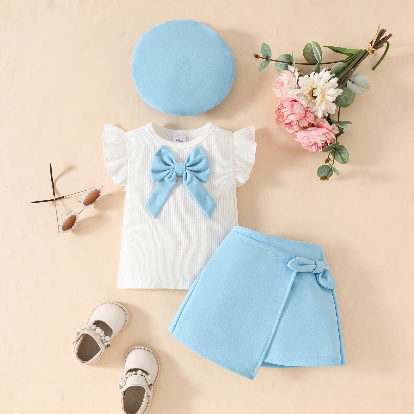 Summer Fashion Toddler Girls Big Bow Beret Sleeveless Top Tie Skirt Three-piece Set