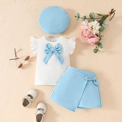Summer Fashion Toddler Girls Big Bow Beret Sleeveless Top Tie Skirt Three-piece Set