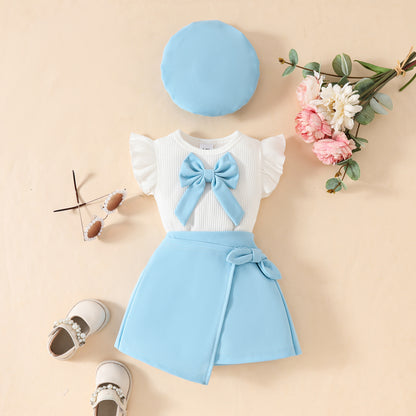 Toddler Girl Sleeveless Ruffled Big Bow White Ribbed Top Decorated Lace-up Skirt Set
