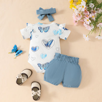 Summer baby girl butterfly heart pattern short-sleeved triangle romper corduroy bow shorts three-piece suit
