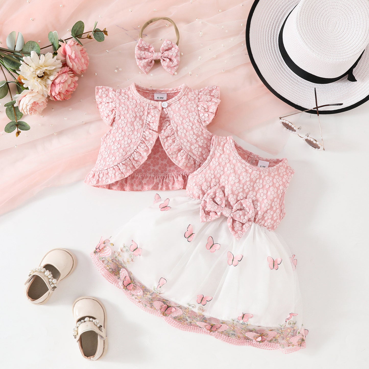 Summer sweet girl sleeveless short coat + vest butterfly mesh dress casual suit