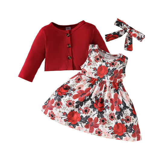 Toddler Girl Long Sleeve Jacket Sleeveless Dress Set 0-3 Years Old Floral Butterfly Sleeveless Dress + Jacket Two-piece Set