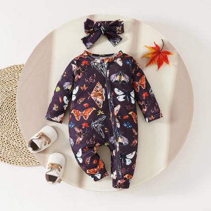 New baby zipper onesie full print long sleeve long leg crawler four seasons wear baby girl onesie headband