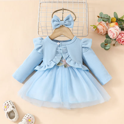 Toddler Girls Dress Set Sleeveless Ruffle Short Jacket + Long Sleeve Mesh Applique Dress