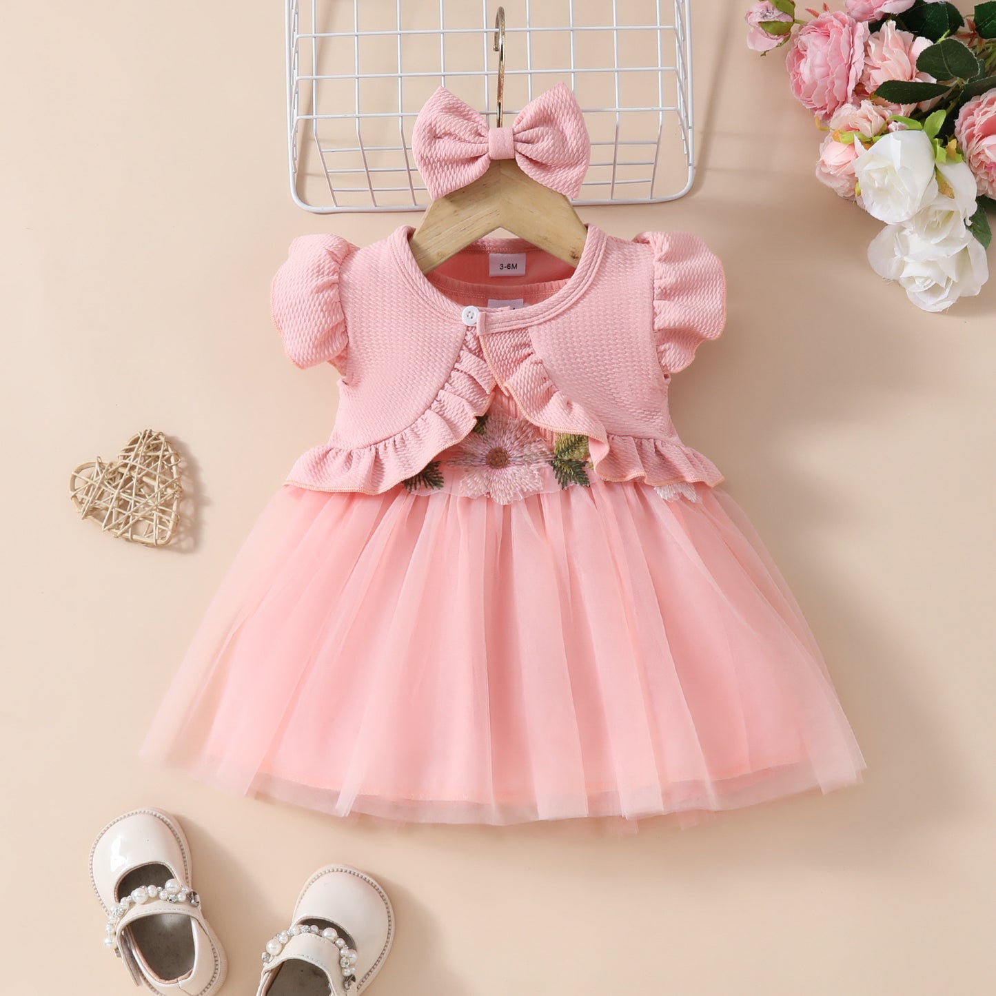Toddler Girls Sleeveless Cropped Top Mesh Dress Set Sweet Girls Applique Skirt Lace Jacket