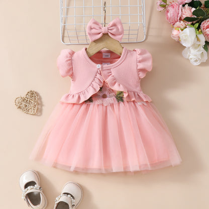 Toddler Girls Sleeveless Cropped Top Mesh Dress Set Sweet Girls Applique Skirt Lace Jacket